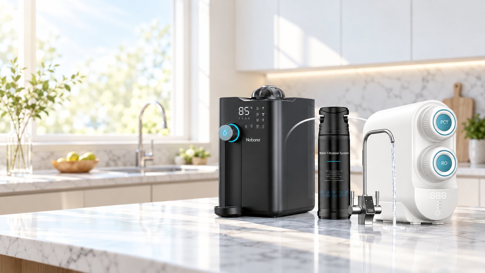 Dispenser, hanefilter og RO-anlæg i et lyst køkken